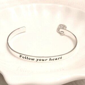 Silver Plated Affirmation Open Cuff Bangle Bracelet Heart Charm